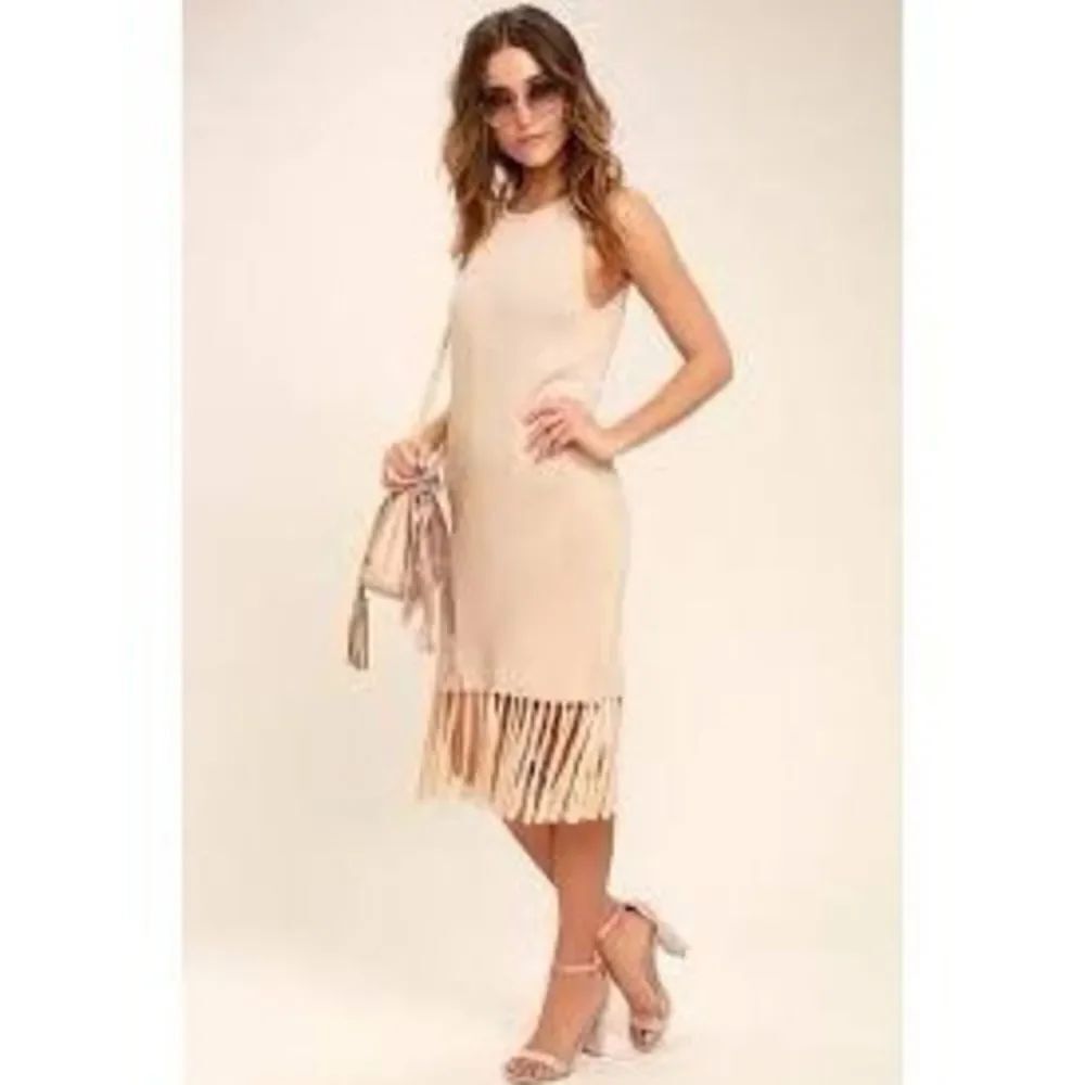 Lulu’s Sweetest Thing beige festival knit tassel M midi dress